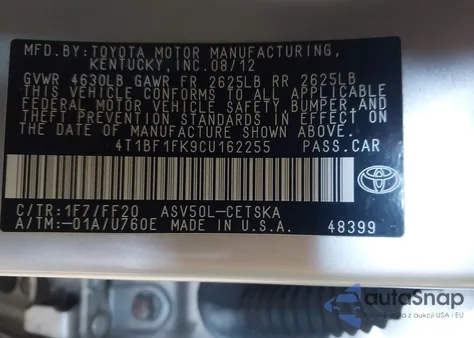 2012 Toyota Camry Se из США, поврежденный, VIN 4T1BF1FK9CU162255